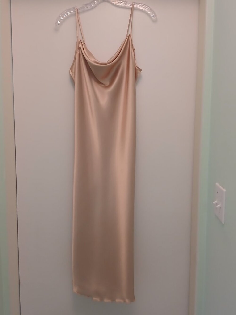 Vintage 90s BEBE Gold Satin Cowl Neck Midi Slip Dress - MadeinUSA - As New Sz M